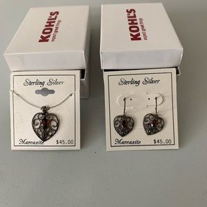 NWT Sterling Silver Marcasite Marquis Garnet Heart Necklace (18”) + Earrings